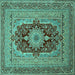 Square Machine Washable Medallion Turquoise Traditional Area Rugs, wshtr480turq