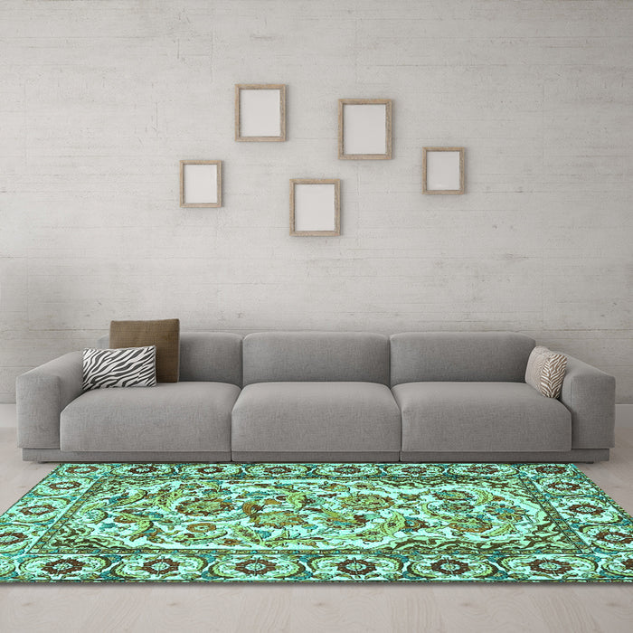 Machine Washable Persian Turquoise Traditional Area Rugs in a Living Room,, wshtr4810turq