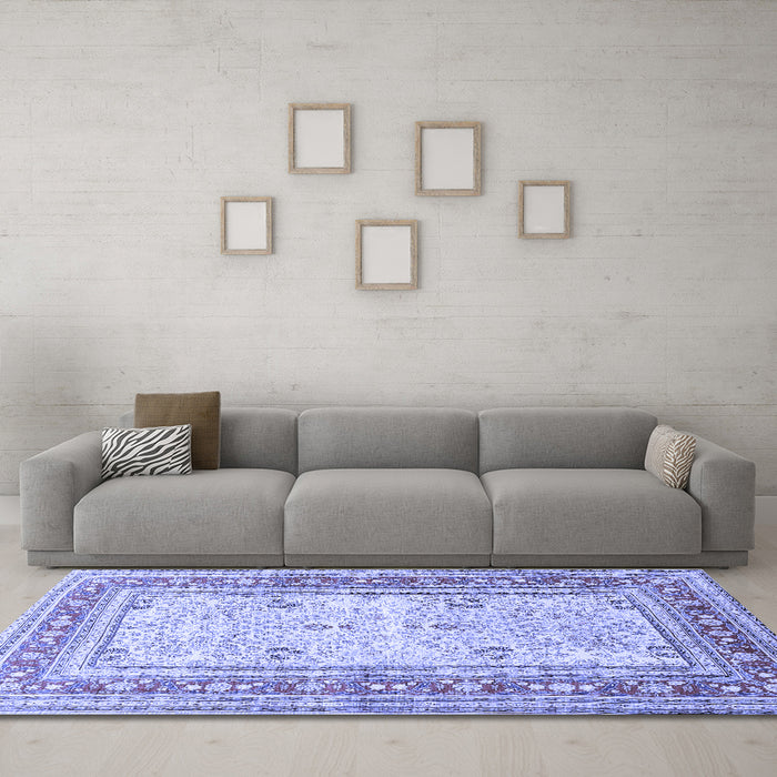 Machine Washable Persian Blue Traditional Rug in a Living Room, wshtr4811blu