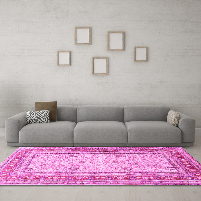 Machine Washable Persian Pink Traditional Rug in a Living Room, wshtr4811pnk