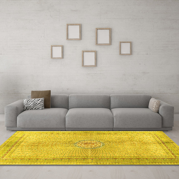 Machine Washable Medallion Yellow Traditional Rug in a Living Room, wshtr4812yw