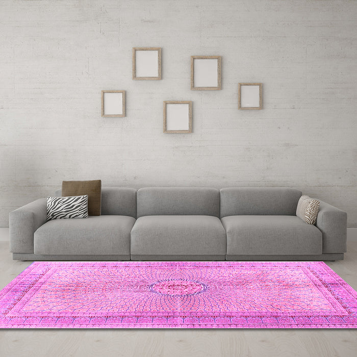 Machine Washable Medallion Pink Traditional Rug in a Living Room, wshtr4812pnk