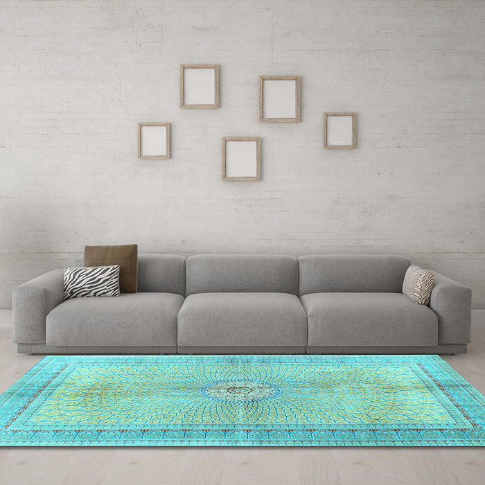 Machine Washable Medallion Light Blue Traditional Rug in a Living Room, wshtr4812lblu