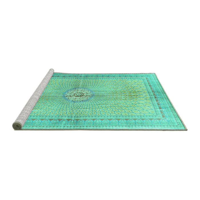 Sideview of Machine Washable Medallion Turquoise Traditional Area Rugs, wshtr4812turq