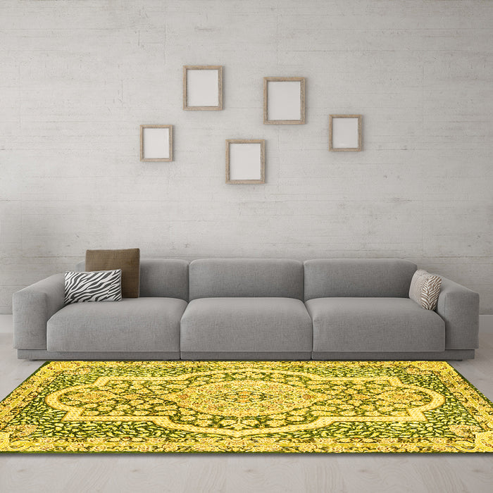 Machine Washable Medallion Yellow Traditional Rug in a Living Room, wshtr4813yw