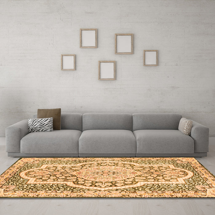Machine Washable Medallion Orange Traditional Area Rugs in a Living Room, wshtr4813org