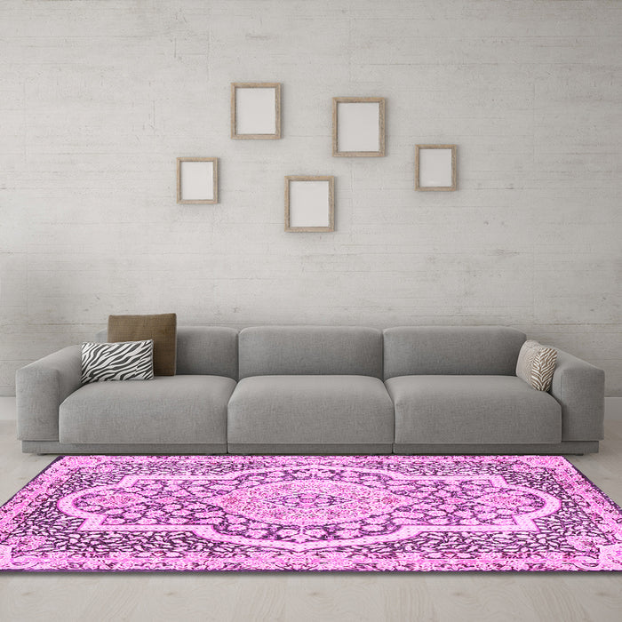 Machine Washable Medallion Pink Traditional Rug in a Living Room, wshtr4813pnk