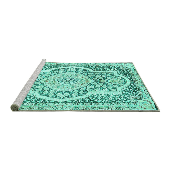 Sideview of Machine Washable Medallion Turquoise Traditional Area Rugs, wshtr4813turq