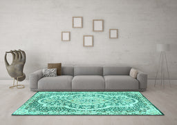 Machine Washable Medallion Turquoise Traditional Area Rugs in a Living Room,, wshtr4813turq
