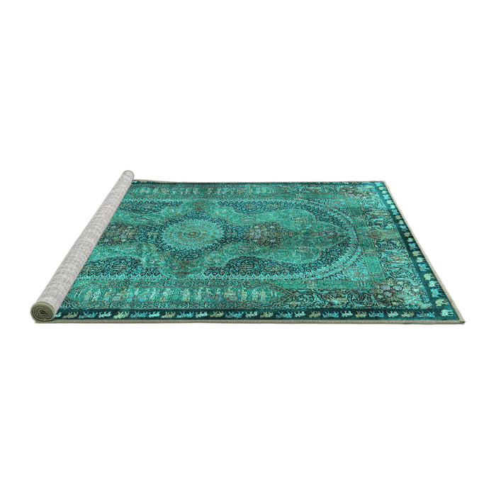 Sideview of Machine Washable Medallion Turquoise Traditional Area Rugs, wshtr4814turq