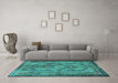 Machine Washable Medallion Turquoise Traditional Area Rugs in a Living Room,, wshtr4814turq