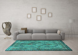 Machine Washable Medallion Turquoise Traditional Area Rugs in a Living Room,, wshtr4814turq