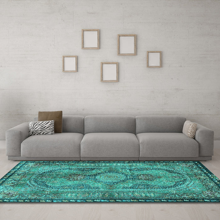 Machine Washable Medallion Turquoise Traditional Area Rugs in a Living Room,, wshtr4814turq