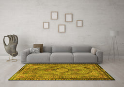 Machine Washable Medallion Yellow Traditional Rug in a Living Room, wshtr4814yw