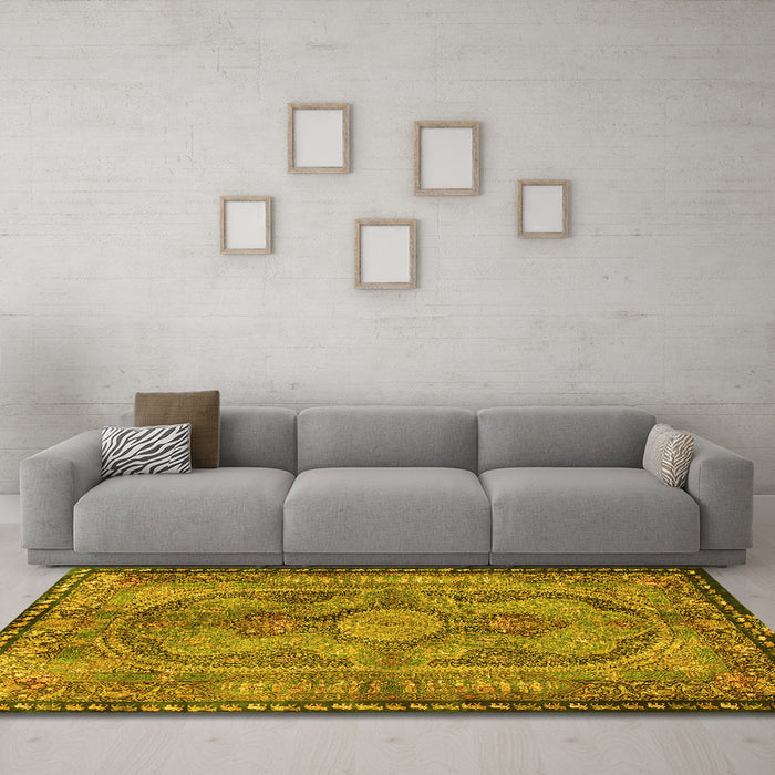 Machine Washable Medallion Yellow Traditional Rug in a Living Room, wshtr4814yw