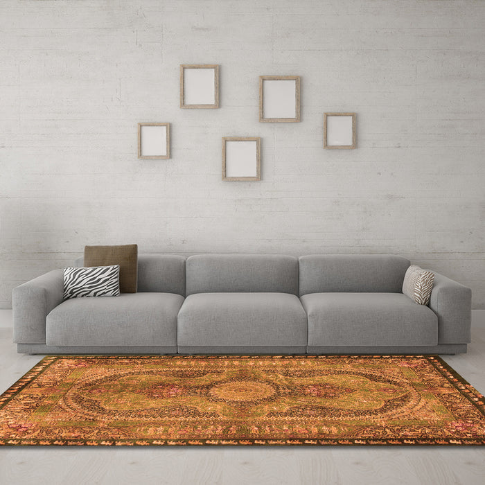 Machine Washable Medallion Orange Traditional Area Rugs in a Living Room, wshtr4814org