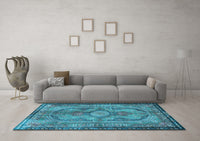 Machine Washable Medallion Light Blue Traditional Rug, wshtr4814lblu