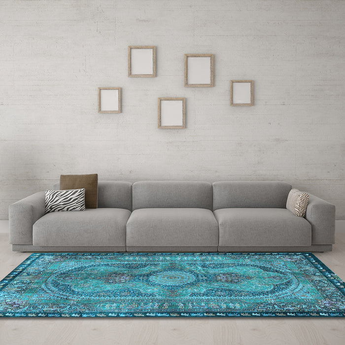 Machine Washable Medallion Light Blue Traditional Rug in a Living Room, wshtr4814lblu