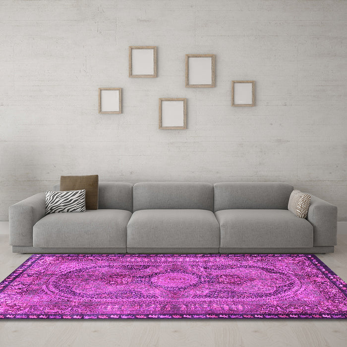 Machine Washable Medallion Pink Traditional Rug in a Living Room, wshtr4814pnk