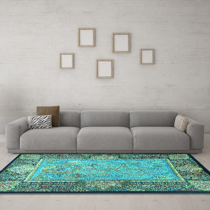 Machine Washable Persian Turquoise Traditional Area Rugs in a Living Room,, wshtr4815turq