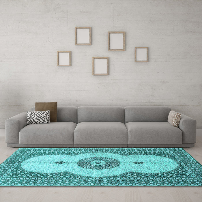 Machine Washable Medallion Light Blue Traditional Rug in a Living Room, wshtr4816lblu