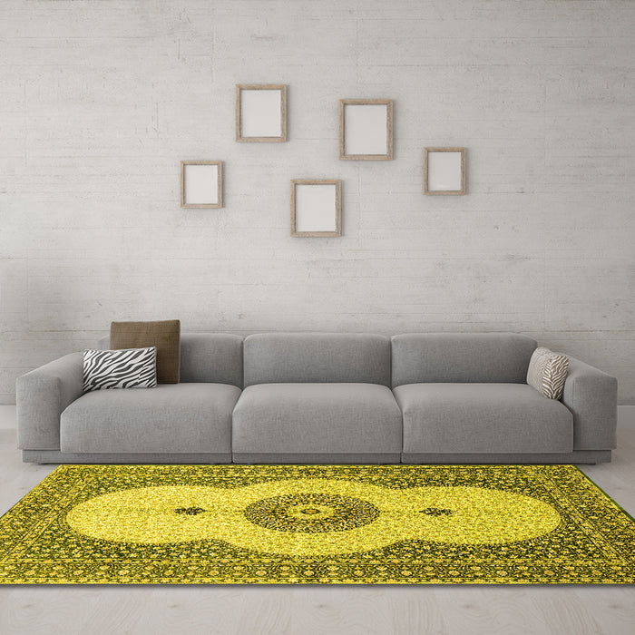 Machine Washable Medallion Yellow Traditional Rug in a Living Room, wshtr4816yw