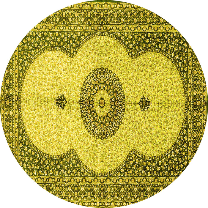 Round Machine Washable Medallion Yellow Traditional Rug, wshtr4816yw