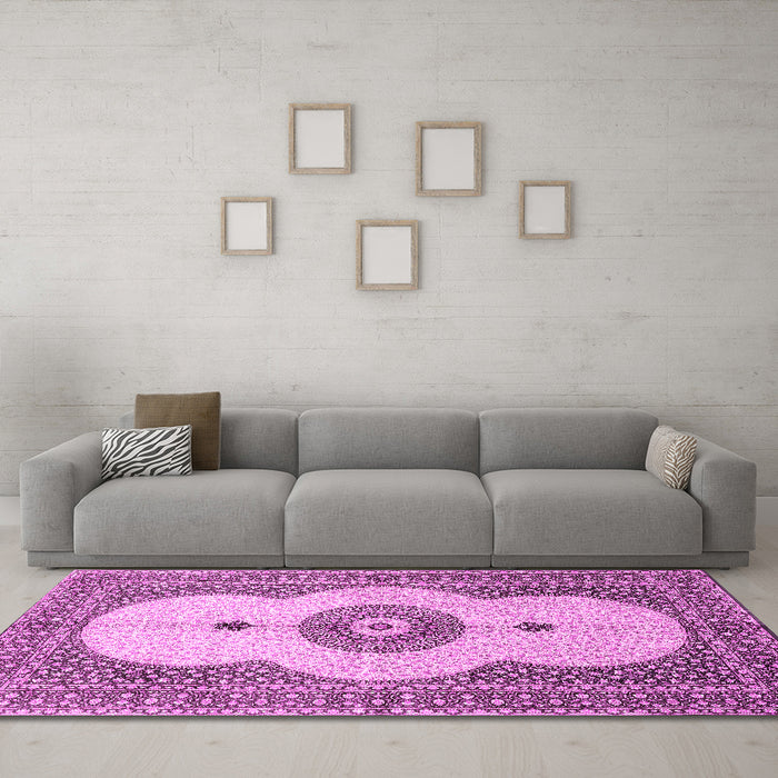 Machine Washable Medallion Pink Traditional Rug in a Living Room, wshtr4816pnk