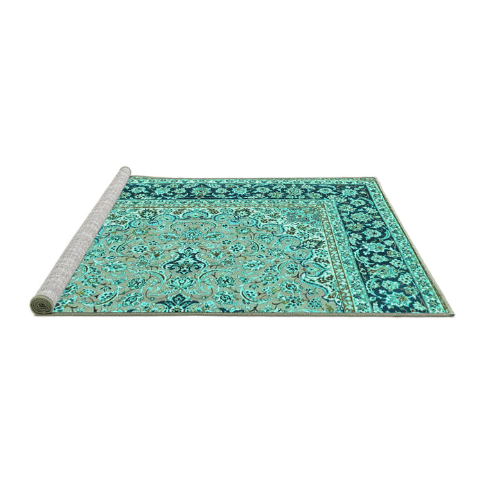 Sideview of Machine Washable Persian Turquoise Traditional Area Rugs, wshtr4817turq