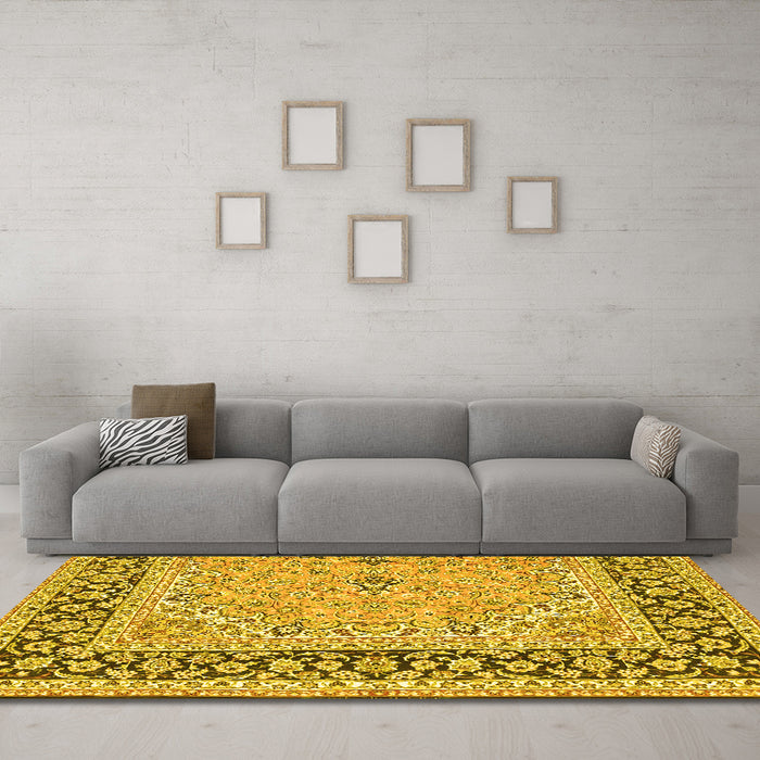 Machine Washable Persian Yellow Traditional Rug in a Living Room, wshtr4817yw