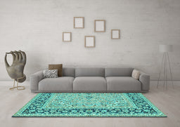 Machine Washable Persian Turquoise Traditional Area Rugs in a Living Room,, wshtr4817turq