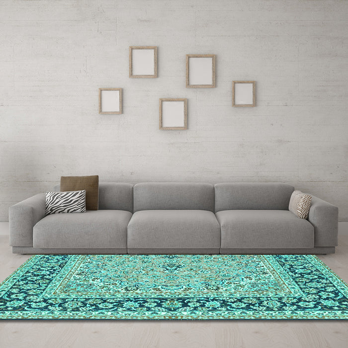Machine Washable Persian Turquoise Traditional Area Rugs in a Living Room,, wshtr4817turq