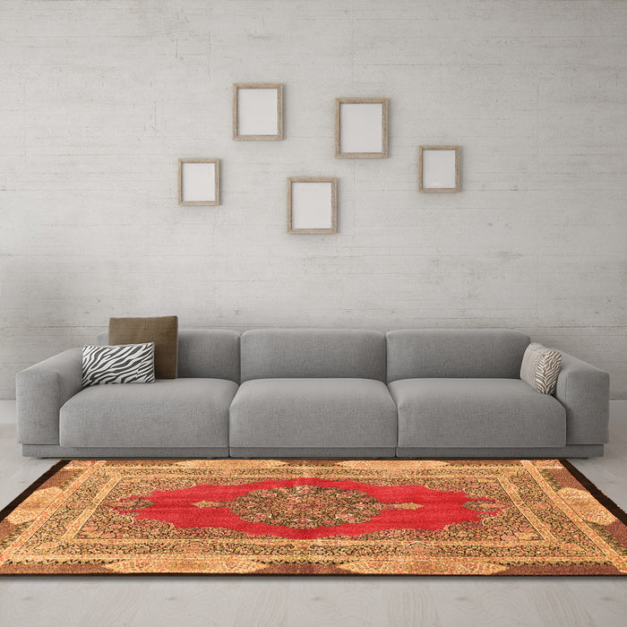 Machine Washable Medallion Orange Traditional Area Rugs in a Living Room, wshtr4818org