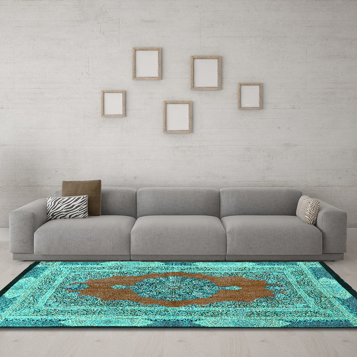 Machine Washable Medallion Turquoise Traditional Area Rugs in a Living Room,, wshtr4818turq