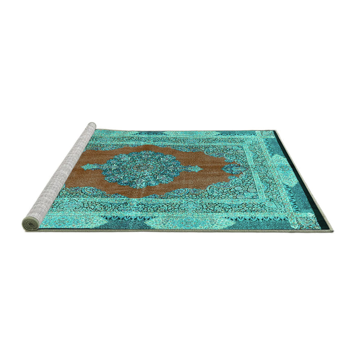 Sideview of Machine Washable Medallion Turquoise Traditional Area Rugs, wshtr4818turq