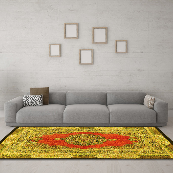 Machine Washable Medallion Yellow Traditional Rug in a Living Room, wshtr4818yw