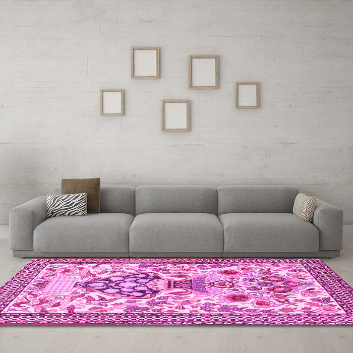 Machine Washable Animal Pink Traditional Rug in a Living Room, wshtr4819pnk