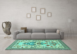 Machine Washable Animal Turquoise Traditional Area Rugs in a Living Room,, wshtr4819turq