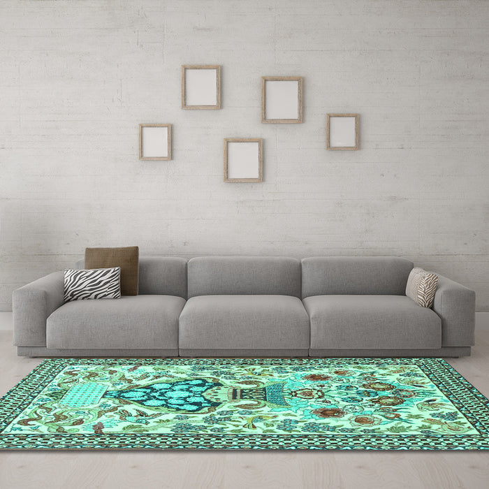 Machine Washable Animal Turquoise Traditional Area Rugs in a Living Room,, wshtr4819turq