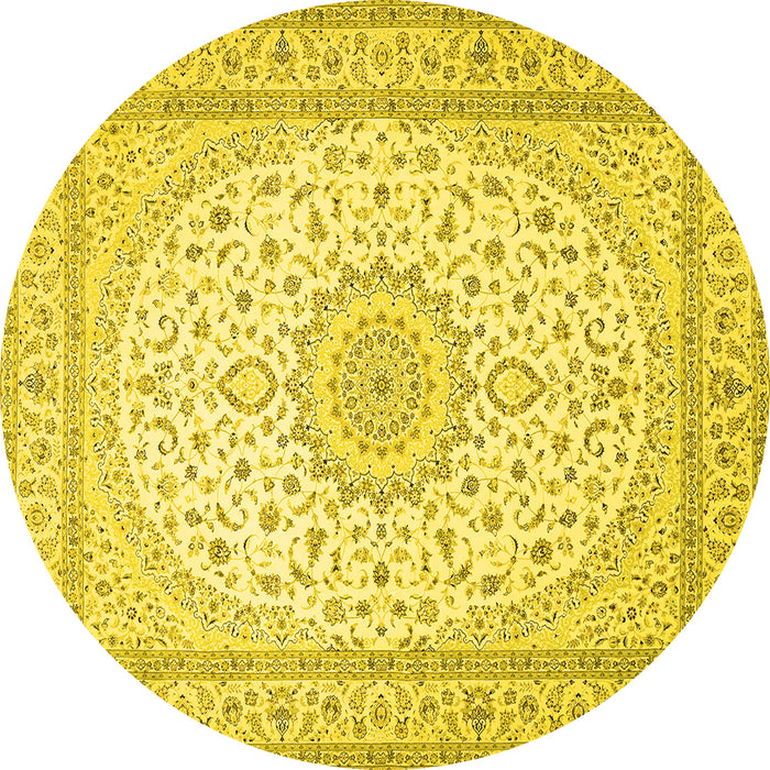 Round Machine Washable Medallion Yellow Traditional Rug, wshtr481yw