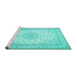 Sideview of Machine Washable Medallion Turquoise Traditional Area Rugs, wshtr481turq