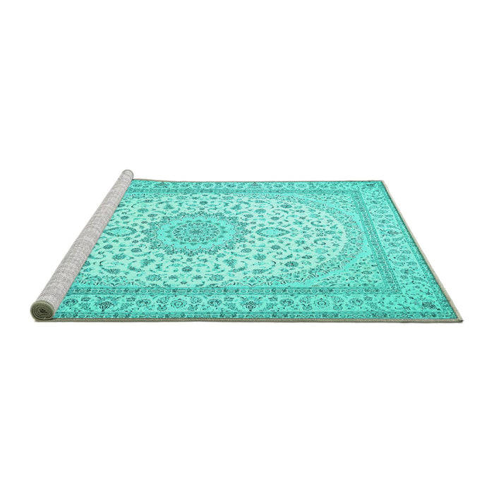 Sideview of Machine Washable Medallion Turquoise Traditional Area Rugs, wshtr481turq