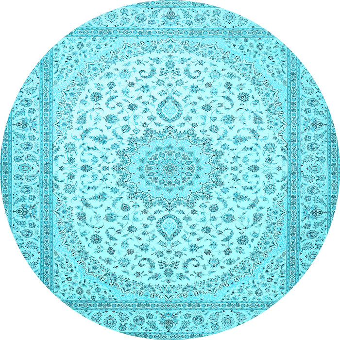 Round Machine Washable Medallion Light Blue Traditional Rug, wshtr481lblu