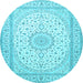 Round Machine Washable Medallion Light Blue Traditional Rug, wshtr481lblu