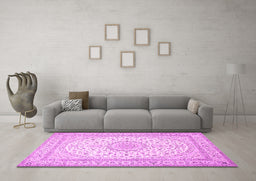 Machine Washable Medallion Pink Traditional Rug in a Living Room, wshtr481pnk