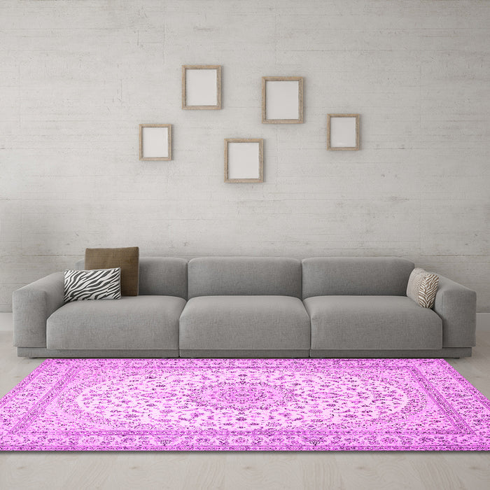 Machine Washable Medallion Pink Traditional Rug in a Living Room, wshtr481pnk
