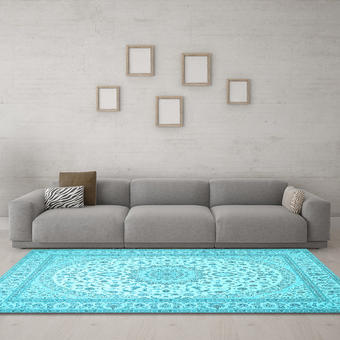 Machine Washable Medallion Light Blue Traditional Rug in a Living Room, wshtr481lblu
