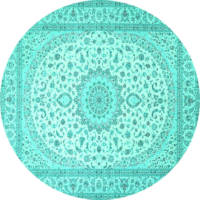 Round Machine Washable Medallion Turquoise Traditional Area Rugs, wshtr481turq