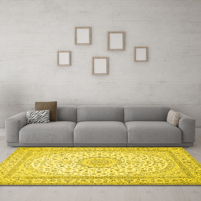 Machine Washable Medallion Yellow Traditional Rug in a Living Room, wshtr481yw