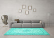 Machine Washable Medallion Turquoise Traditional Area Rugs in a Living Room,, wshtr481turq